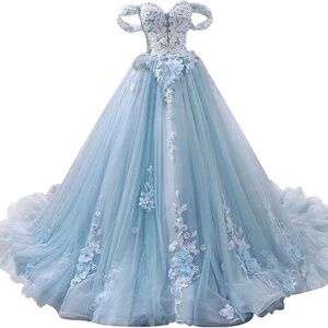 Ball-Gown Off-The-Shoulder Flower Floor-Length Tulle Corset Prom Dress size 6